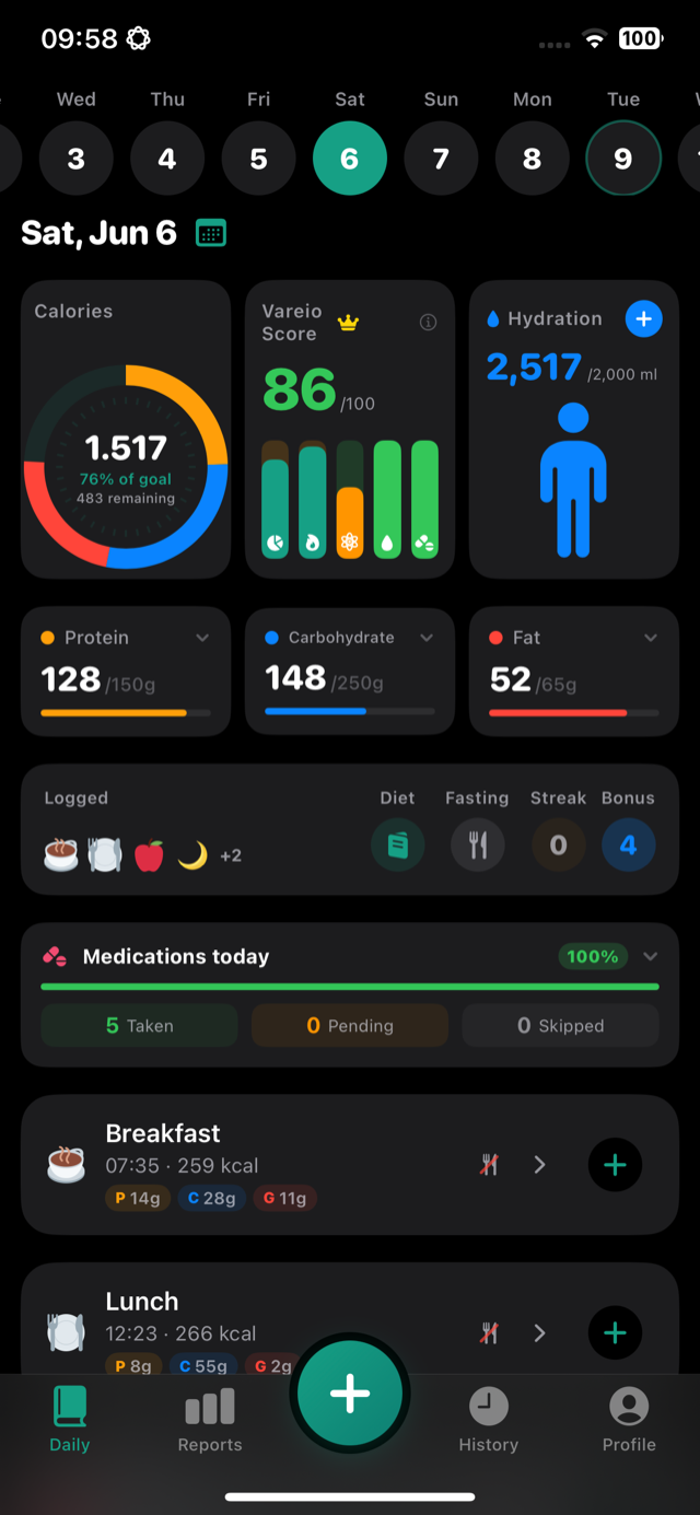 Vareio diary: calories, Vareio Score, macros, hydration and medications