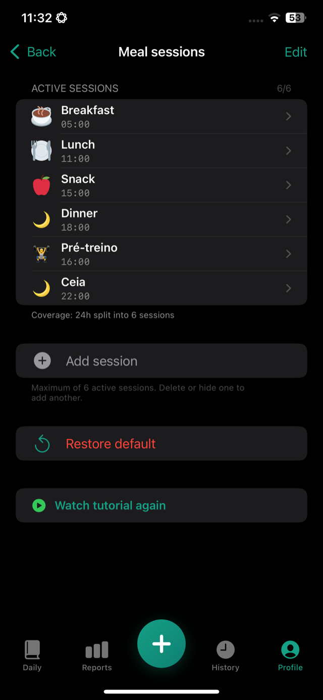 Active meal sessions: breakfast, lunch, snack, dinner, pre-workout and supper
