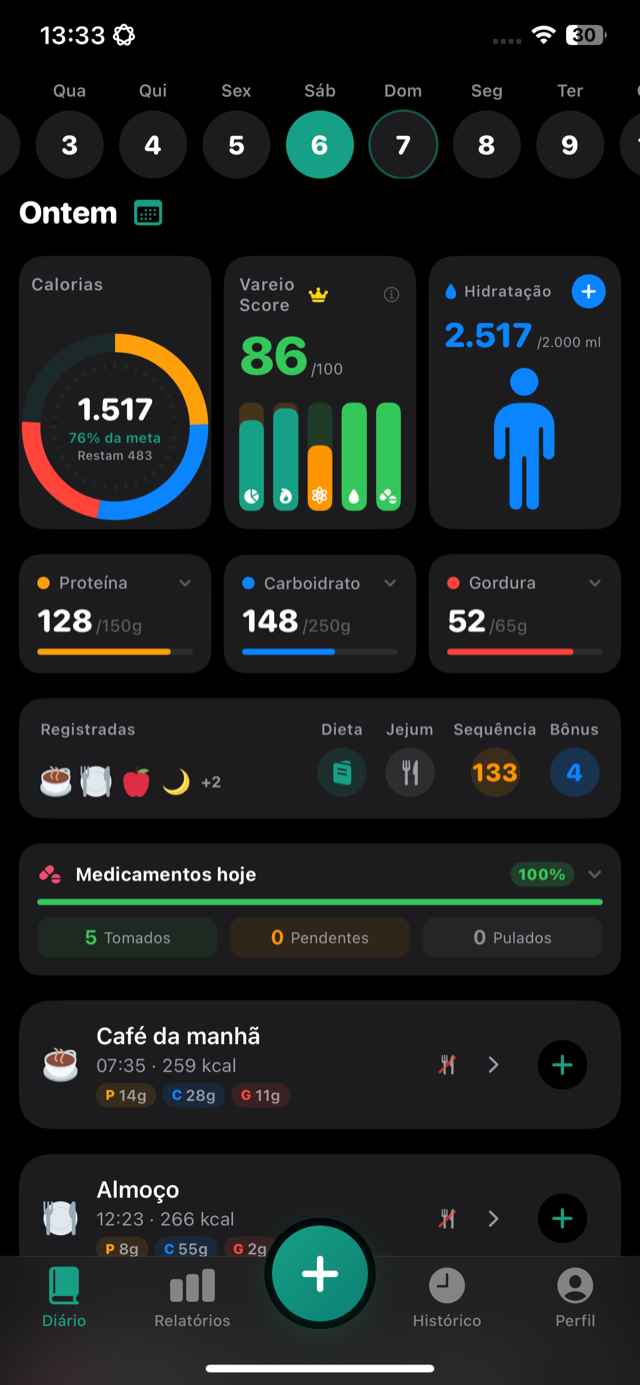 Diário do Vareio: calorias, Vareio Score, macros, hidratação e medicamentos