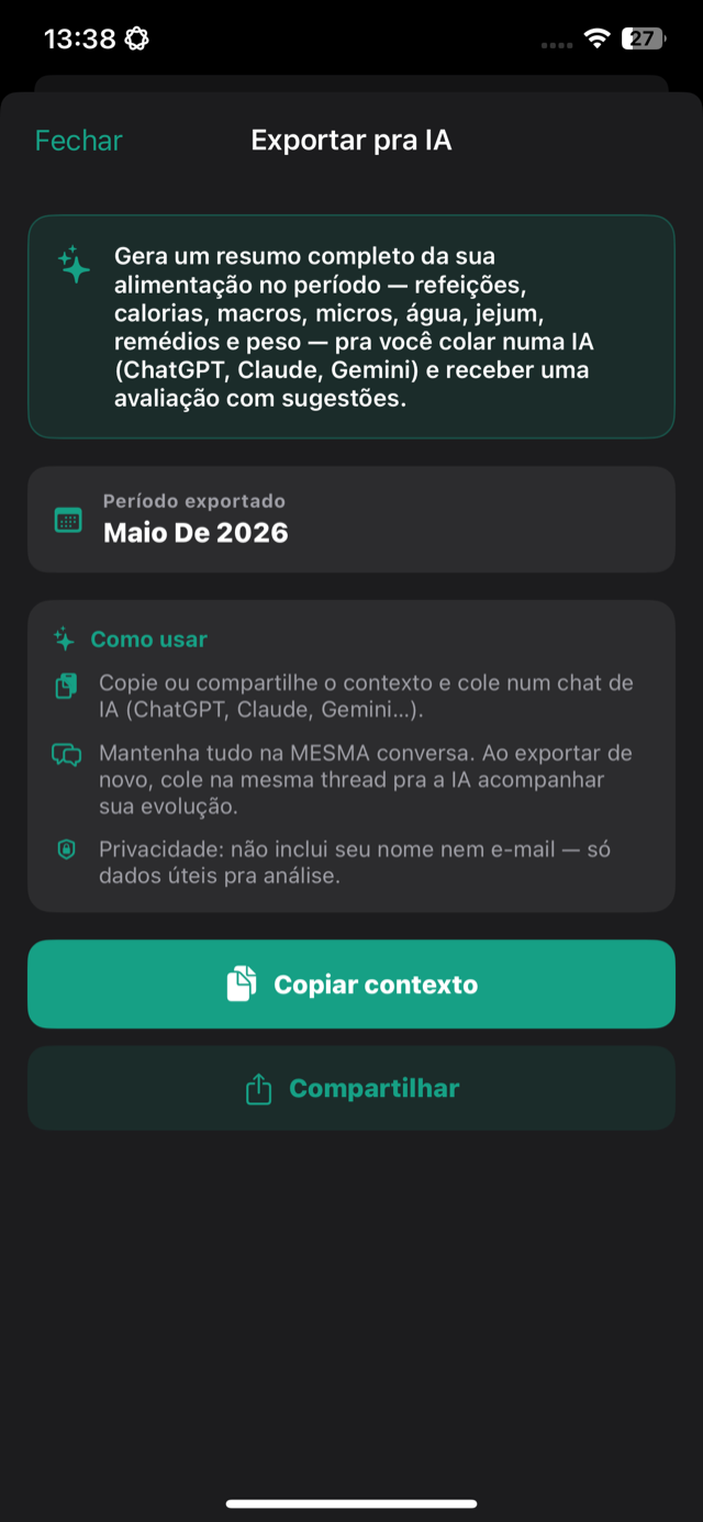 Tela de exportar contexto pra IA