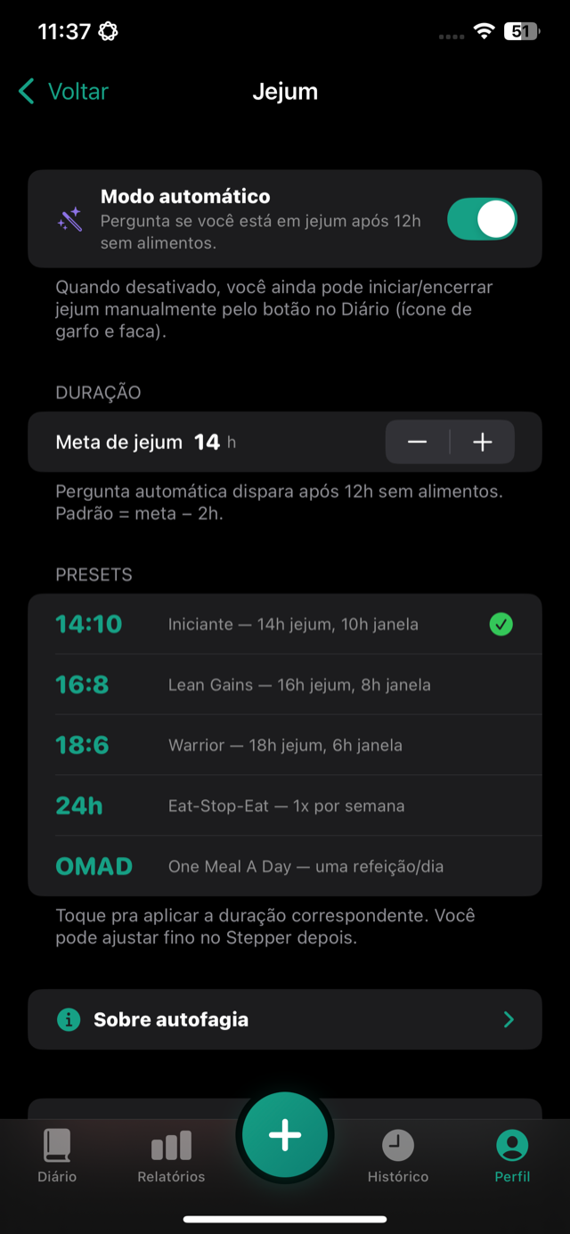 Configuração de jejum: meta de horas, modo automático e presets até OMAD