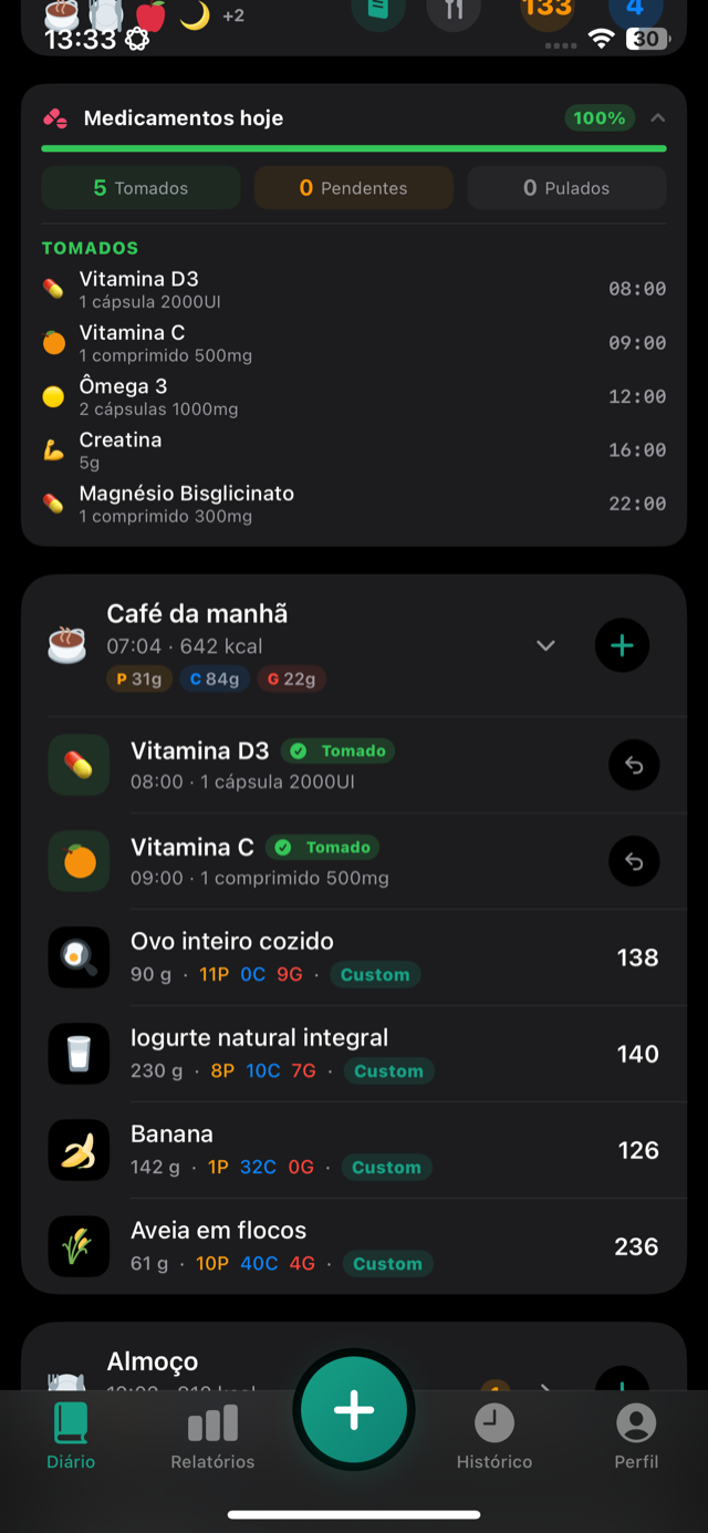 Medicamentos do dia com doses tomadas e refeição detalhada
