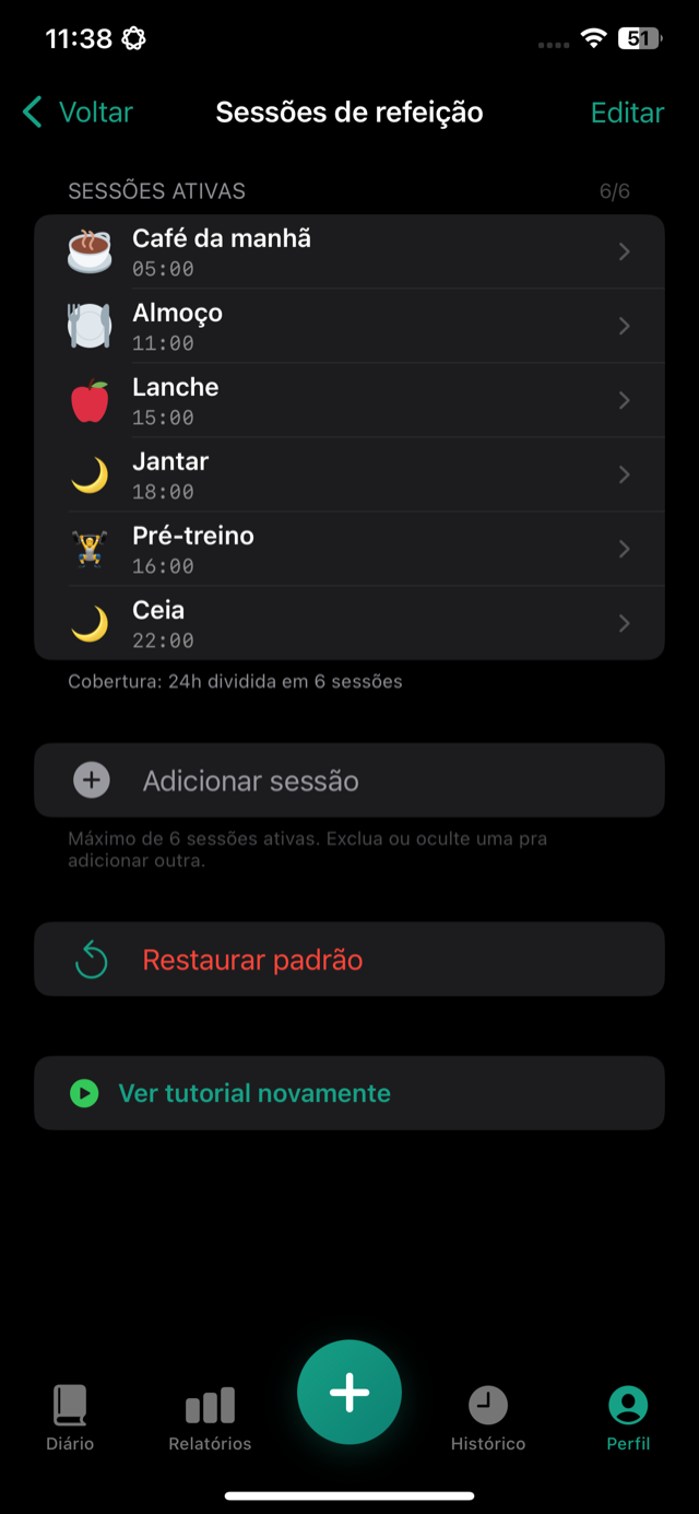 Sessões de refeição ativas: café da manhã, almoço, lanche, jantar, pré-treino e ceia